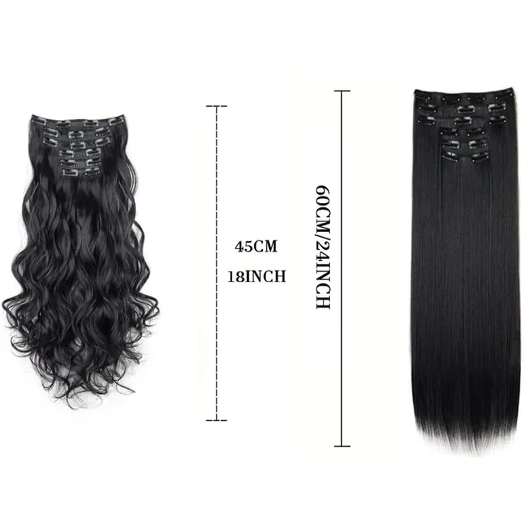 Black Hair Extensions 6pcs/set Women Long Straight Synthetic Full Head Clip 16Clips Ombre Heat Resistant Fiber Hair Kpop Cosplay