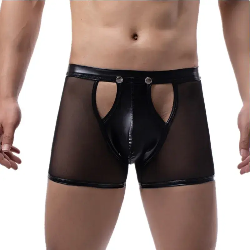 Herren Boxershorts Transparent Mesh Unterwäsche Mann Höschen Kunstleder Abnehmbare Schnalle Beutel Unterhose Cueca Calzoncillo