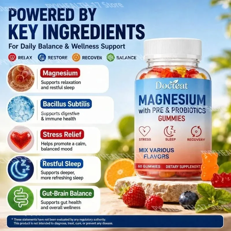 Docteat Magnesium Gummies with Pre & Probiotics for Stress Relief Supports Restful Sleep Relaxation and Recovery 60 Gummies