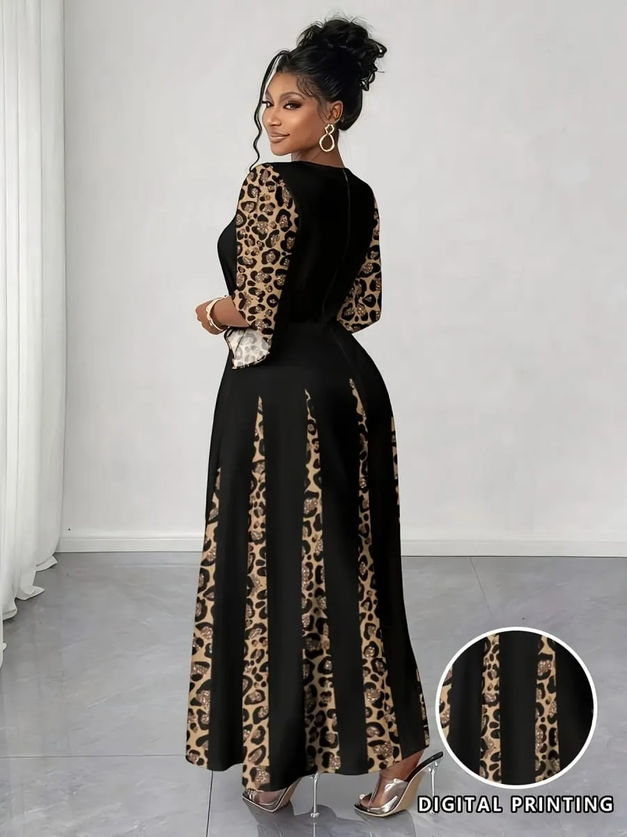 Elegant Leopard Print Maxi Dress Plus Size Fashionable Long Sleeve Gown Comfortable & Stylish Women's Clothing