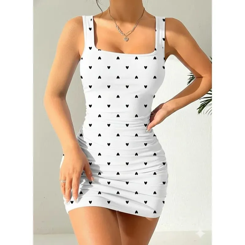 Women's Heart-Shaped Printed Sleeveless Dress Summer Casual Square Collar Waist Cinched mid Length Skirt with Shoulder Straps