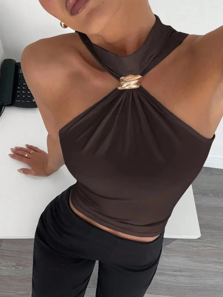 Metal Ring Decor Twist Knot Sleeveless Tank Top for Women Summer Casual Elegant Office Style Halter Neck Slim Fit Crop Top