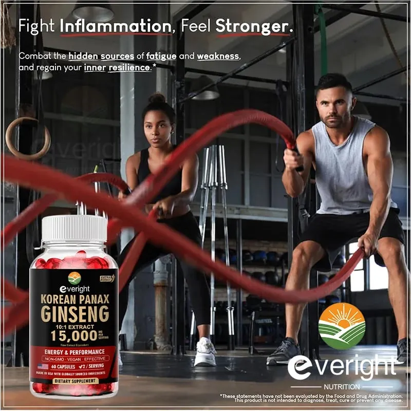 Korean Red Ginseng Capsules- 1500mg Natural High Strength for Men Vitality Energy Performance Focus Immune Health