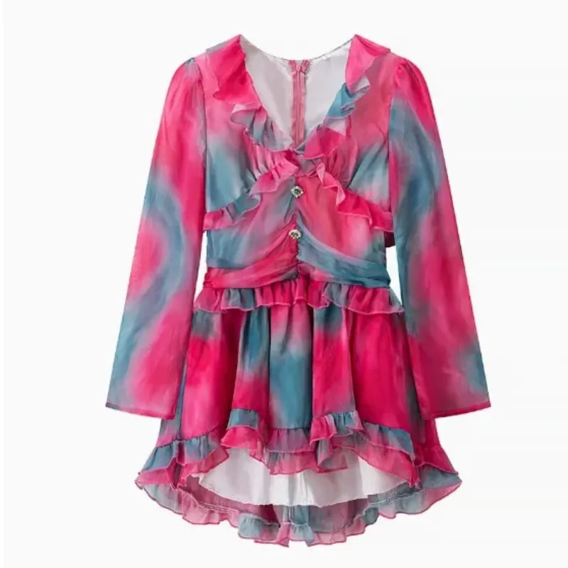 Women Elegant Floral A-line Pleated Dress Sexy Long-sleeved Waist Cinching Ruffle Mini Dresses 2026 Lady Vacation Street Gowns