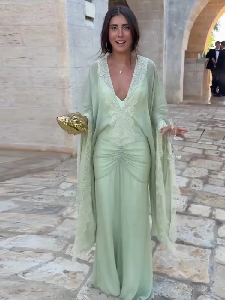 Sexy Deep V Neck Lace Trim Chiffon Maxi Gown Elegant Trendy Ruched Waist Mermaid Dress Autumn Chic Party Formal Evening Dresses