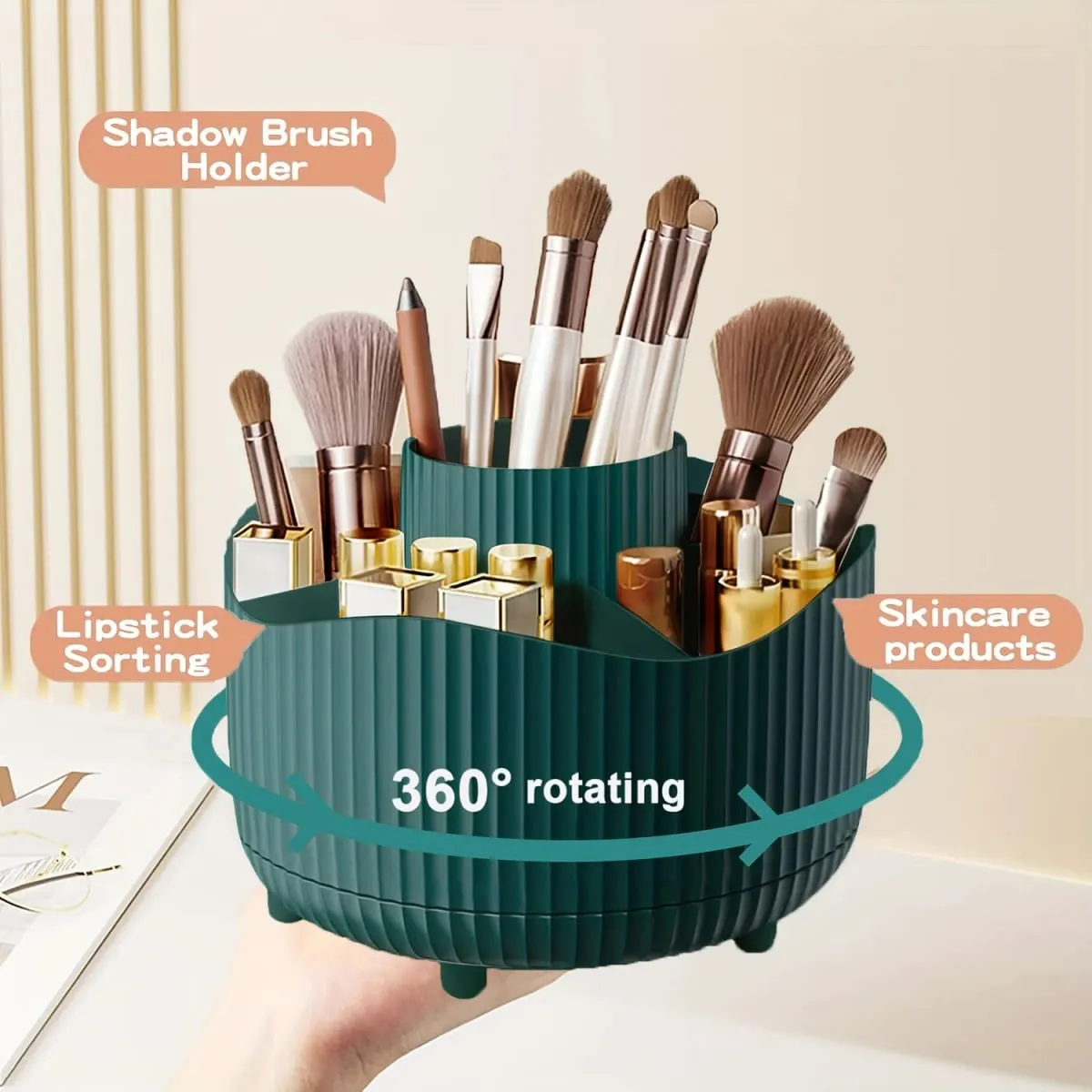 360-Degree Rotating Makeup Organizer 5 Slot Plastic Cosmetic Storage Elegant Stripe Versatile Holder for Brushes Office Supplies