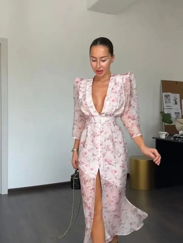 Chic Puff Sleeve Flora Printed Maxi Dress V-neck Waist Cinching Split Elegant Women's Dresses for Party 2026 Female Clothing New