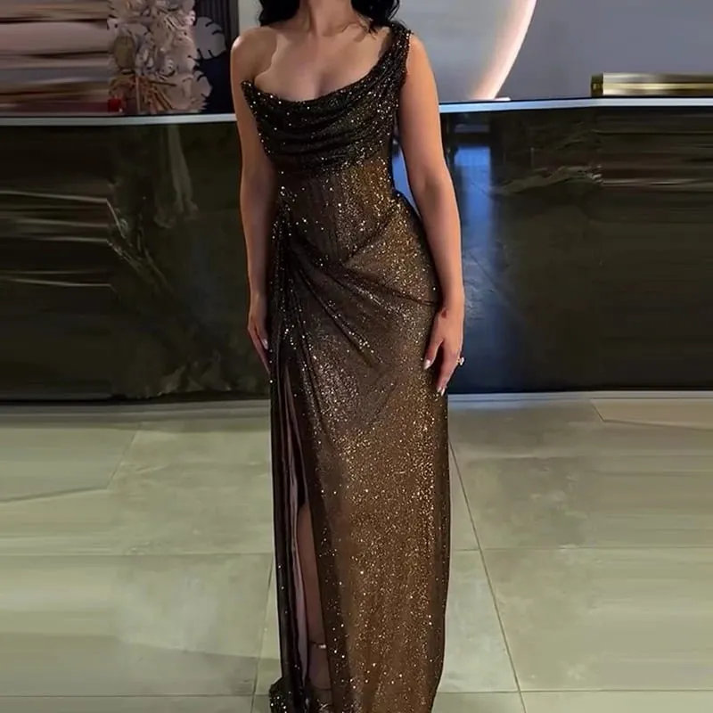 Sexy Elegant Full Length High Split Party Dress Chic Girdling Banquet Maxi Dress Luxury Women One Shoulder Glitter Slim Dress