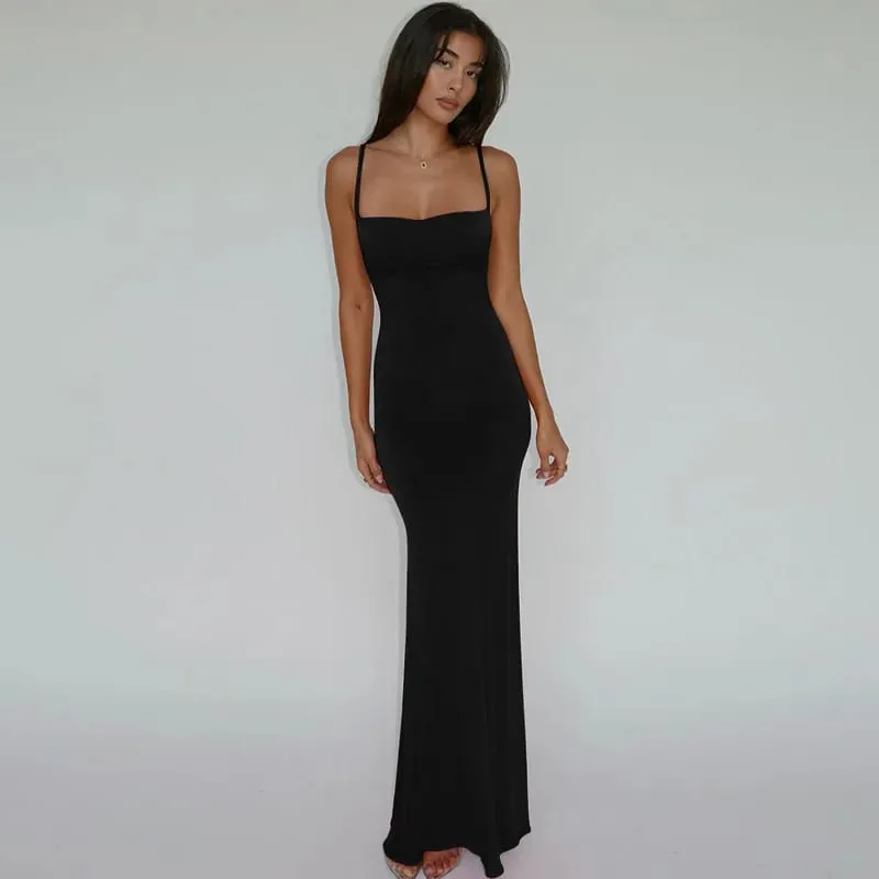 Hugcitar Summer Solid Sleeveless Backless Elegant Sexy Bodycon Y2K Maxi Prom Dress Women Clothes Birthday Party Casual Y2K