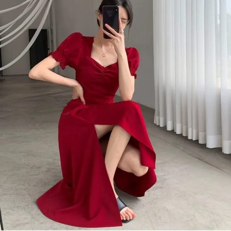 Solid Puff Kortärmad Elegant Slit Klänning Nytt Mode Dam V-ringad Hela Klänningar Dam Hög Midja Smal Kvällsfest Vestidos