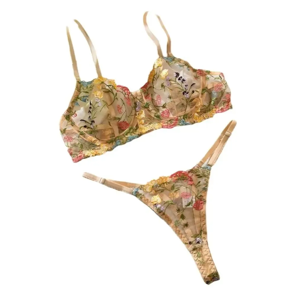 2-Piece Versatile Floral Lingerie Set Embroidery Sheer Boho Bra Panty Set Wireless Bra