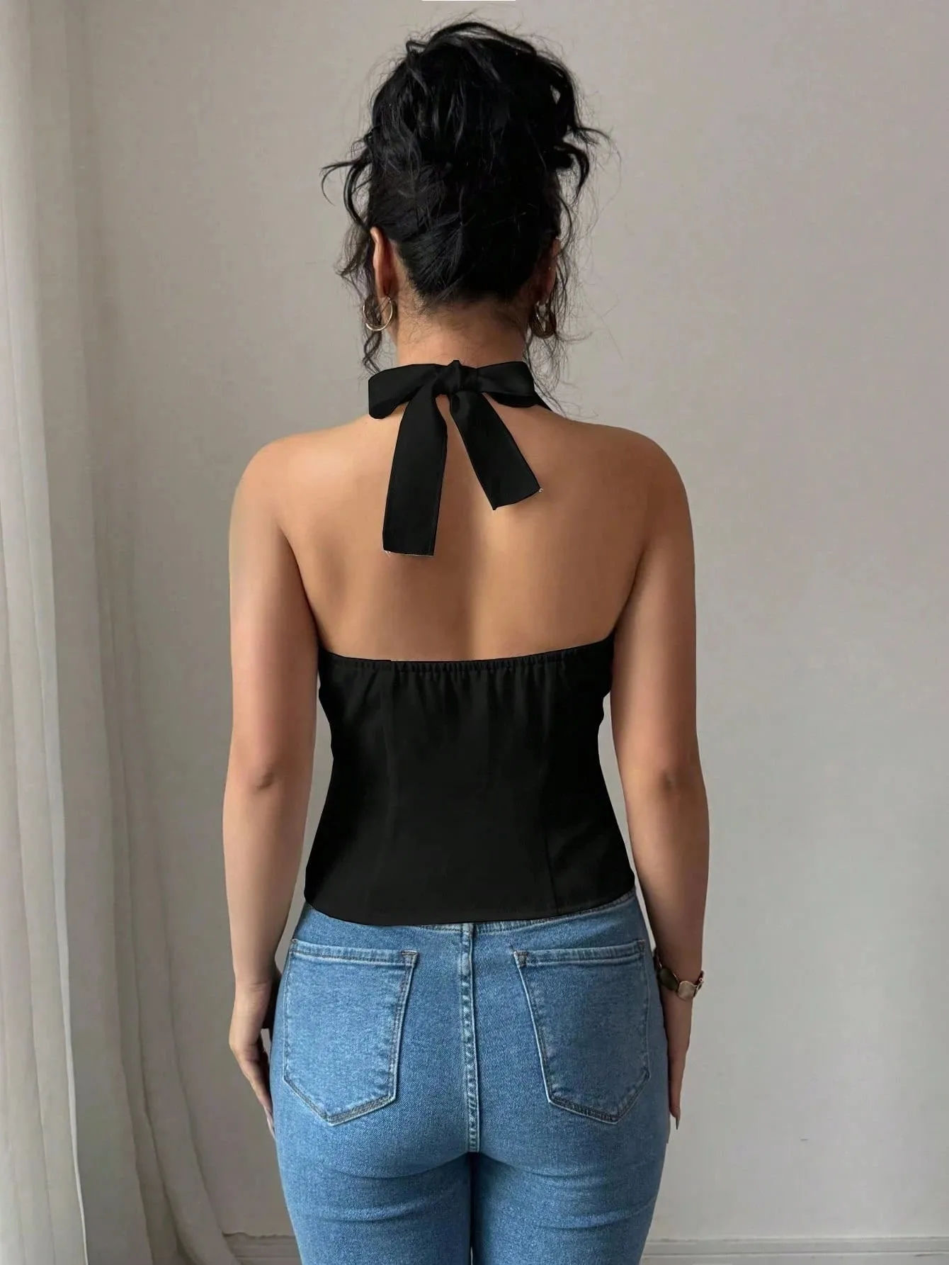 Women's Solid Color Casual Button-Up Halter Top Tank Vest One Piece Comfortable Breathable Fashionable Summer Wear