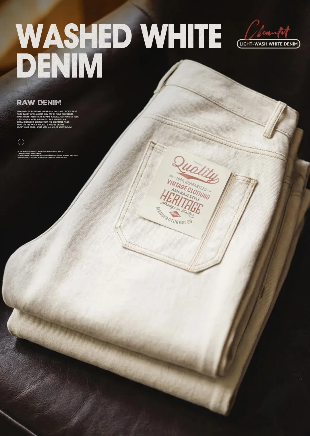 Maden Men's Vintage Heavyweight Washed White Jeans Straight 100% Cotton CleanFit Casual Pants with Zip Fly for Spring and Autumn