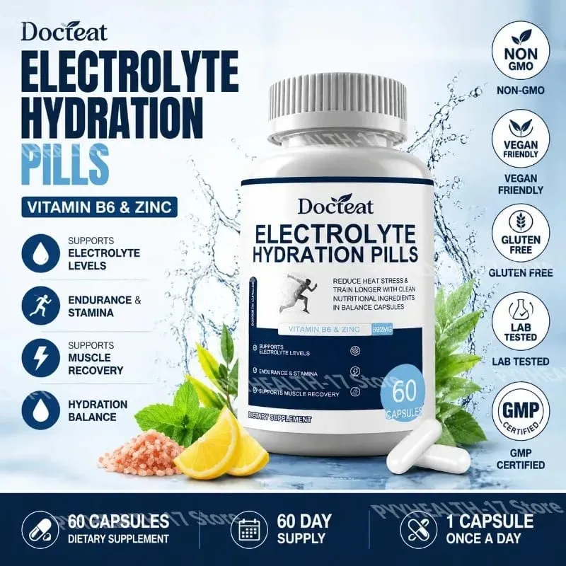 Electrolyte Hydration Capsules with Vitamin B6 & Zinc for Hydration Endurance & Muscle Recovery Support 60 Capsules