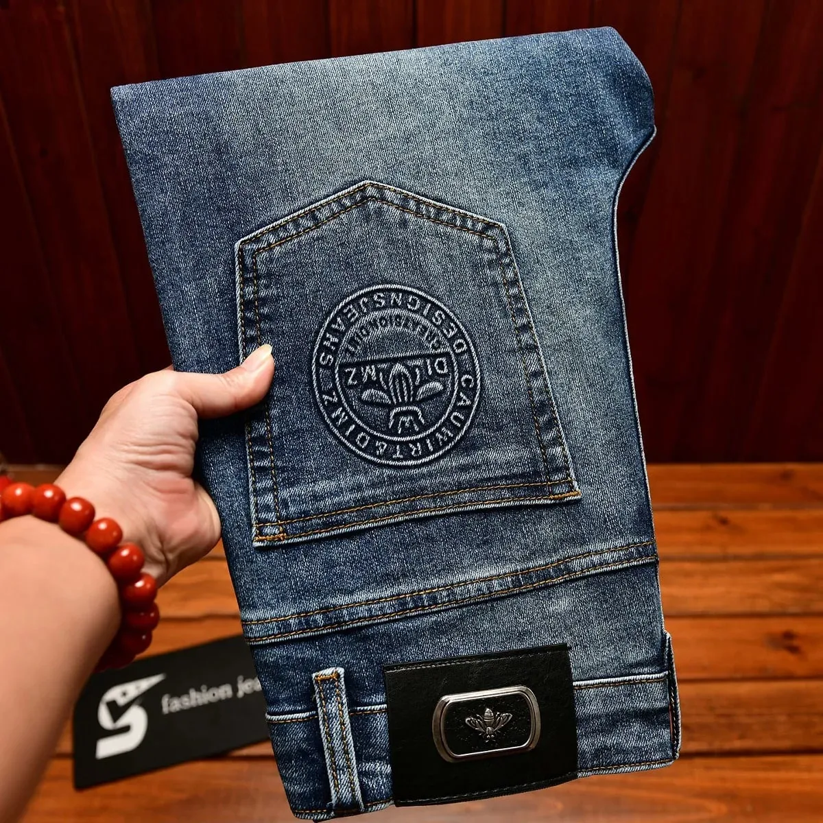 Light luxury jeans men's slim fit small straight tube trendy and fashionable stretch denim simple autumn pants