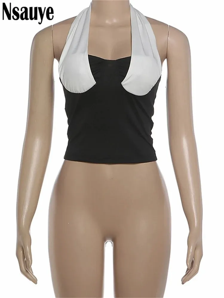 Nsauye Fashion Sleeveless Halter Patchwork Crop Top Sexy Club Women Clothing Y2K Backless Skinny Tank Tops Vest Autumn 2026