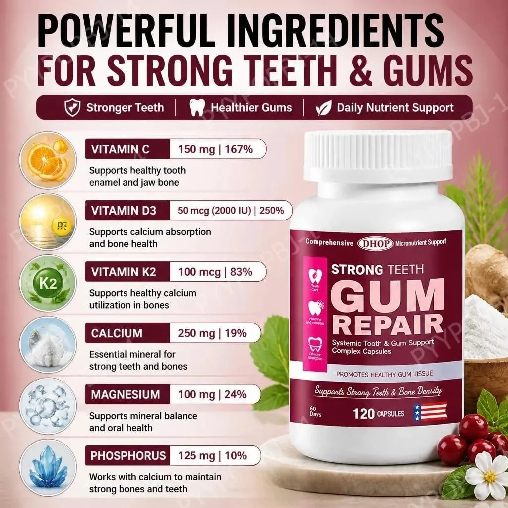 Strong Teeth Capsules Support Tooth Enamel and Gum Tissue Health with Vitamin C Vitamin D3 K2 Calcium and Zinc 120 Capsules