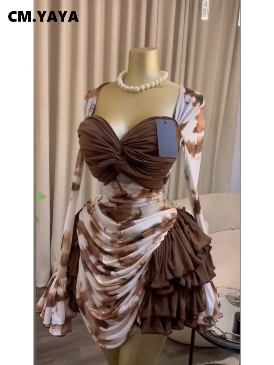 CM.YAYA – robe moulante froncée drapée à volants en cascade pour femmes, imprimé Tie Dye, manches longues, col en v, robes de vacances à la plage