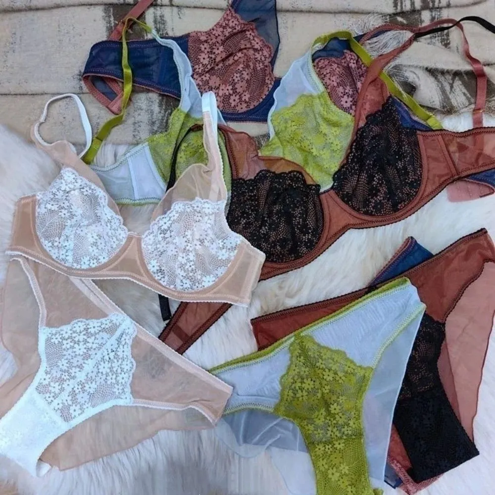 Sweet Mesh Lace Flower Bra Set Lingerie Brassiere Mesh Bra Panties Kit Thin Seamless Push Up Bra Women Lady