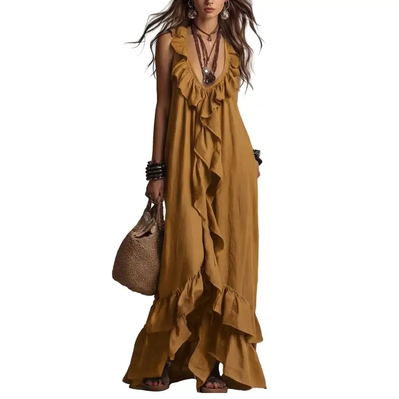 Boho Deep V Neck Sleeveless Dress Women Ruffle Swing Maxi Dress Summer Loose Solid Color Long Dresses
