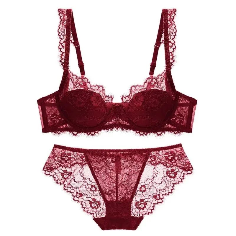 Lightly Lined Eyelash Lace Thin Cup Bra and Panties Set Underwear with Push Up Soft Comfortable Breathable Sexy Female Lingerie