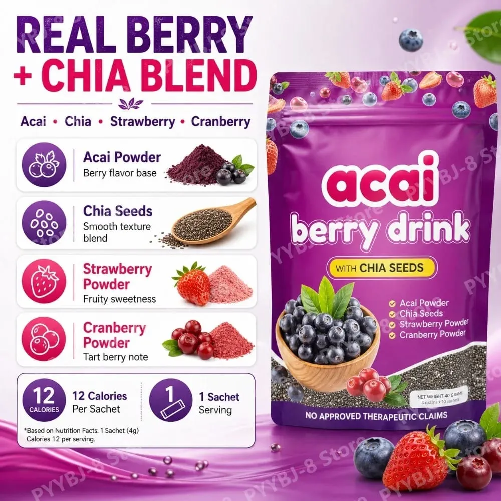 Acai Berry Drink Powder 10packs Per Bag with Chia Seeds and 7 Types of Berry Powders Improve Skin Condition & Enhance Immunity