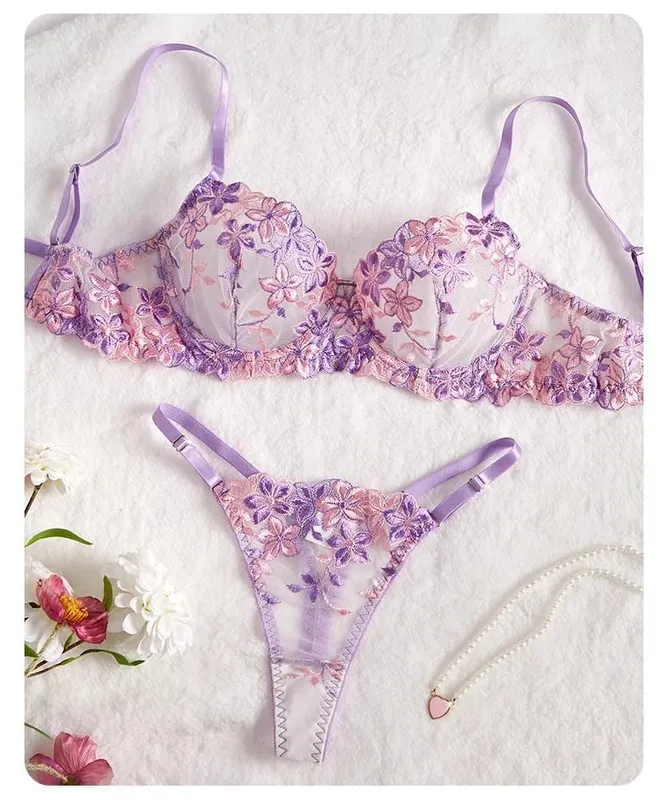 Purple Sexy Lingerie for Women Sets Lace Embroidery 2 Piece Underwear Set Sheer Mesh Bra and Panty Set with Underwire