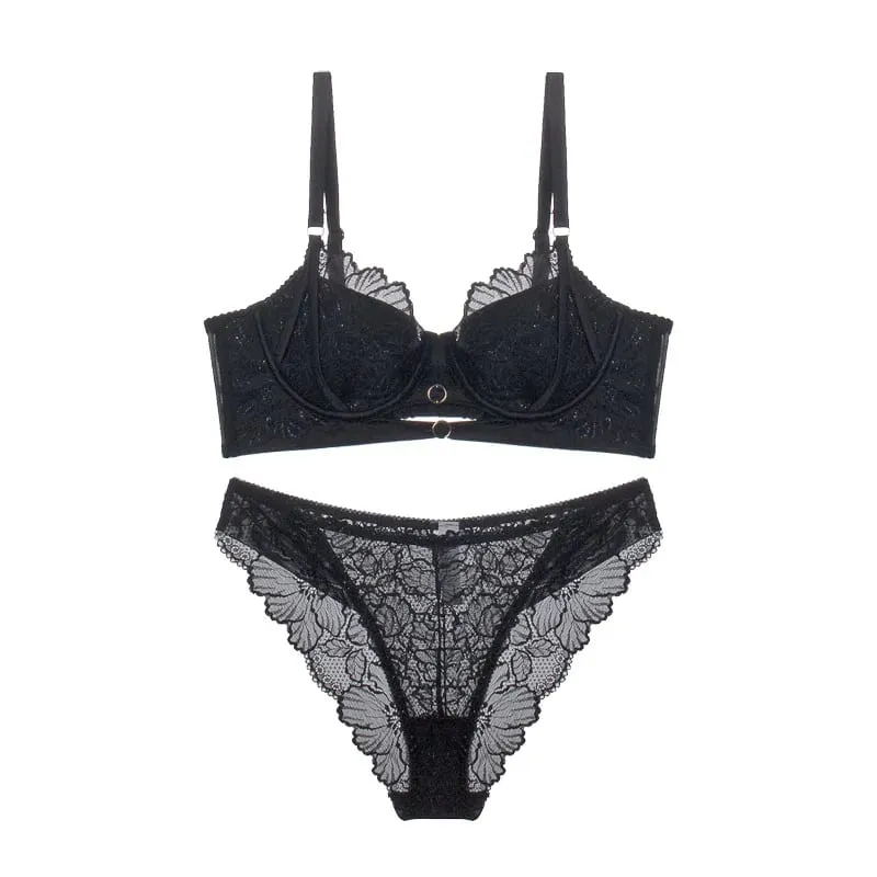 Balconette fehérnemű szett francia csipke - Underwire emelőtámasz a vékony, finom áttetsző bralette Tushy komfort szexi csipke díszítéshez