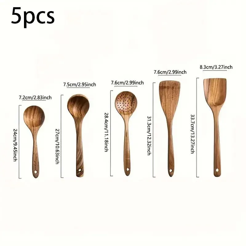 5pcs Wooden Utensil Set with Hanging Holes Food Grade Spoons and Spatula 24-33.7cm Non-Toxic Smooth Kitchen Tools for Cooking