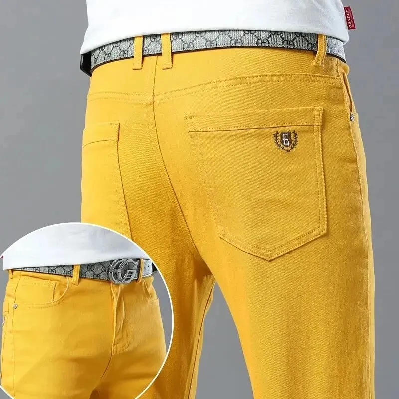 Men's Colorful Denim Stretch Stretch Jeans New Elastic Yellow Pink Red Slim Male Clothing Simple Business Denim Trousers