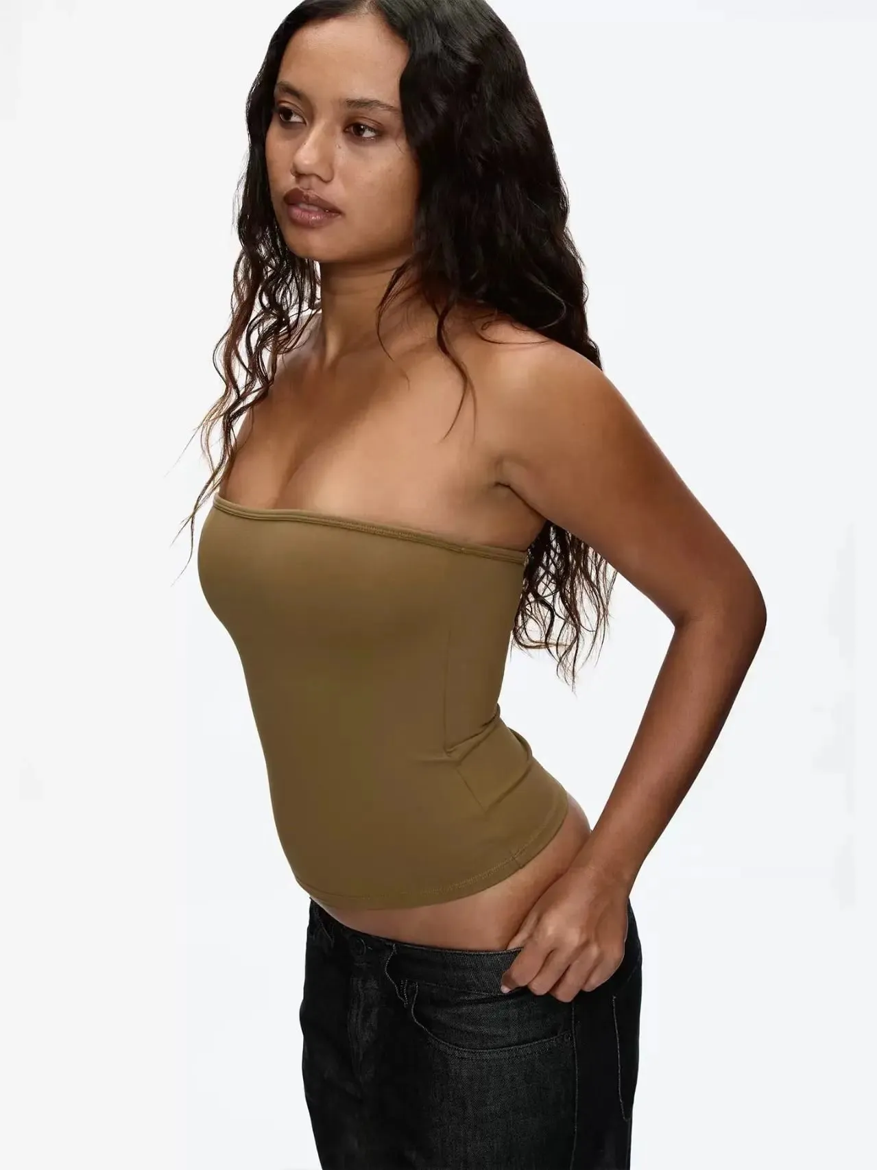 Tank Celadon Green & Coffee Brown Bandeau Crop Top Minimalist Y2K High-Stretch Top