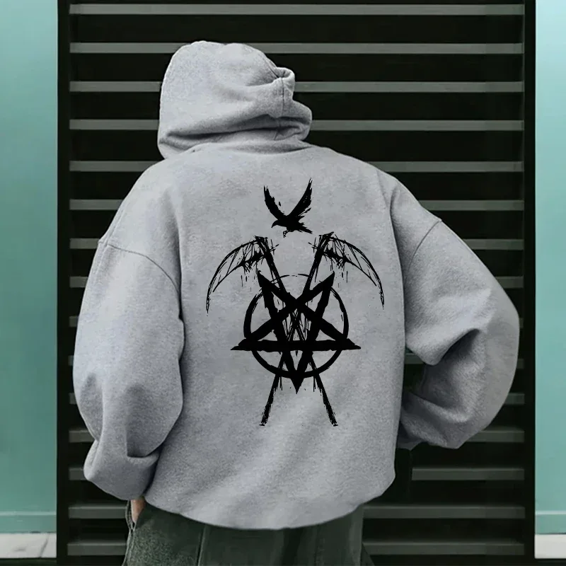 2025 Trendy Mens Hooded Sweatshirts Satan Pentagram Print Autumn Winter Casual Sportswear Urban Fashion Hoodies Male Top Outwear