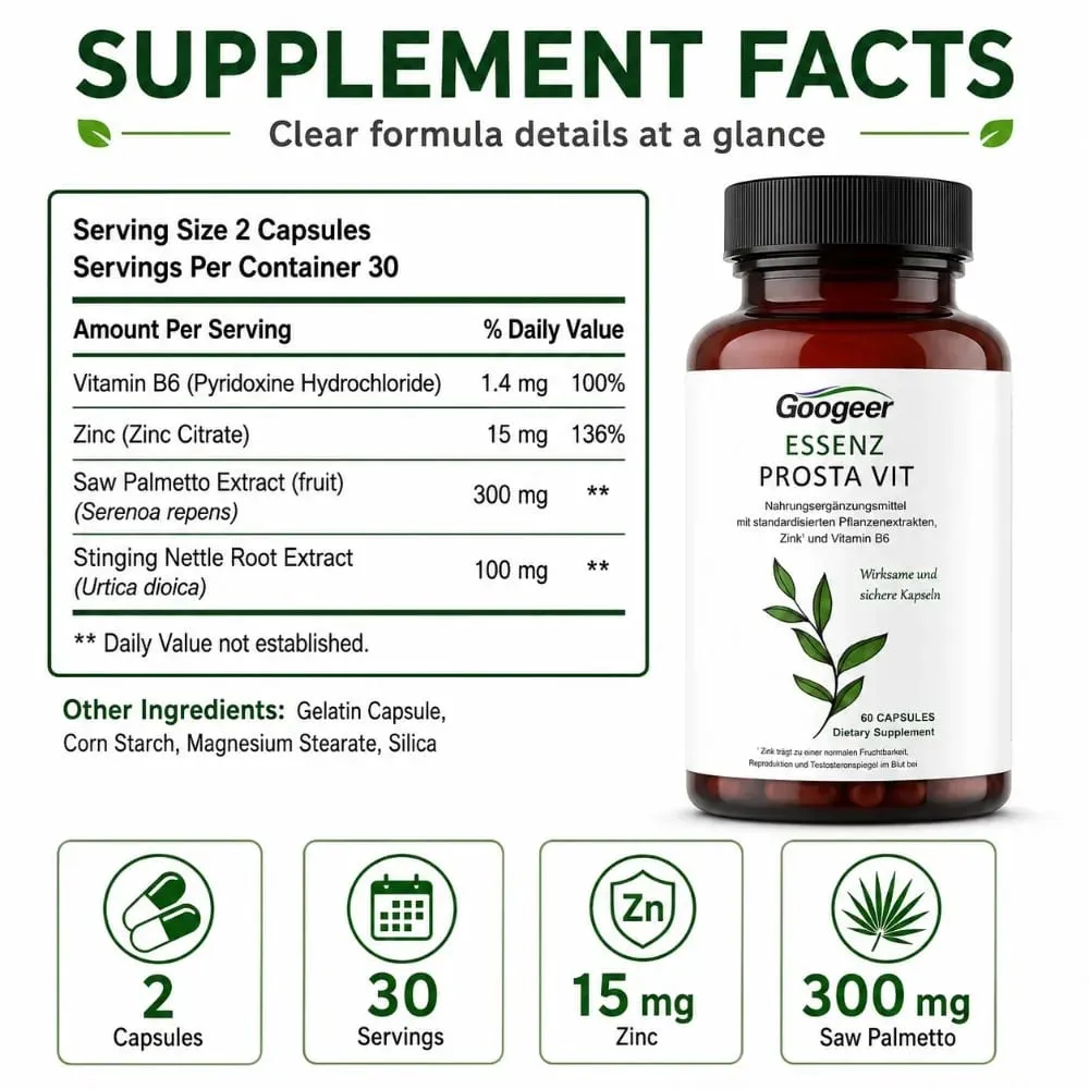 Googeer Prostate Support Capsules Saw Palmetto Extract Stinging Nettle Zinc Vitamin B6 60 Capsules Men's Daily Support