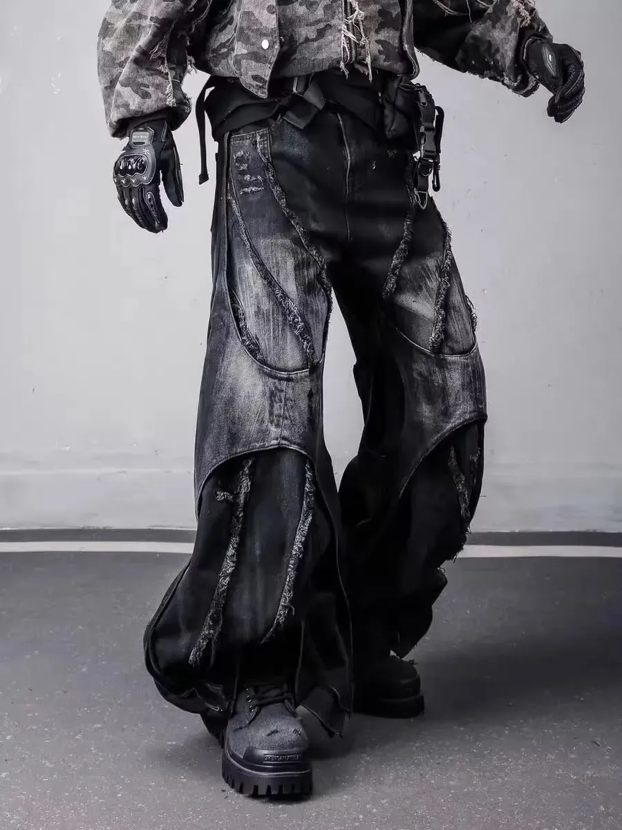 Men's Y2k Baggy Flare Jeans Harajuku Japanese 2000s Style Patchwork Denim Trouser Vintage Oversize Cargo Jeans Pants Clothes
