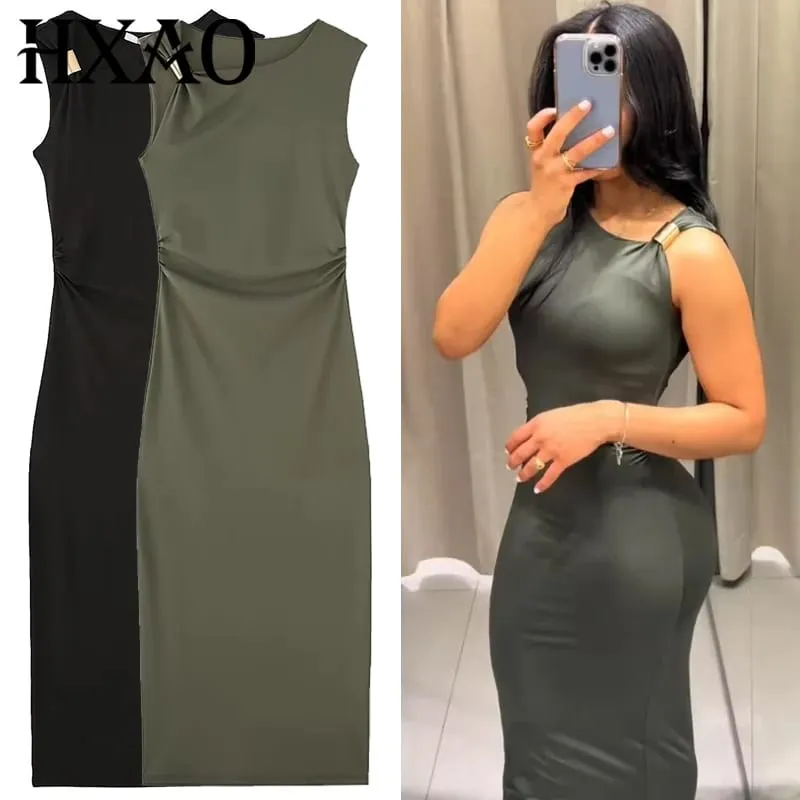 Mulheres babados bodycon vestidos verde preto vestido de verão mulher sexy sem mangas vestidos longos assimétrico espartilho vestidos 066