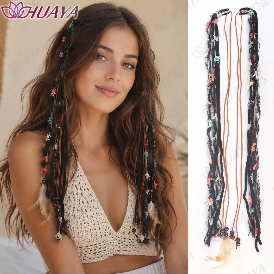 Boho Clip In Synthetic Fiber Hair Extensions Feather Beads Yarn Braids Hair Accessories Festival Hair Pieces for Women — image 8