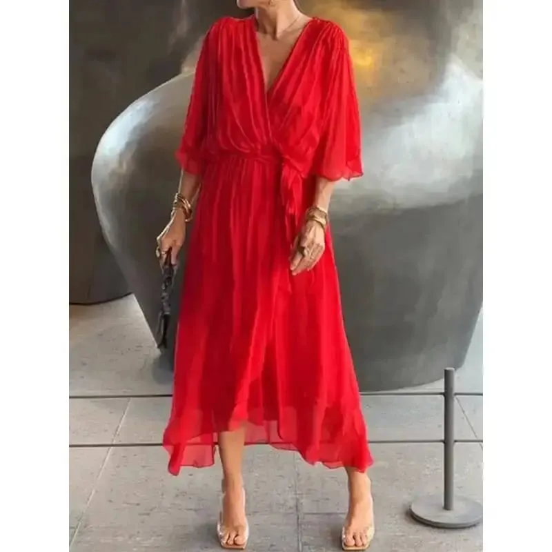 Stylish Elegant Chiffon Casual Solid Lace Up Dress Women V-Neck Bat Sleeves Irregulares Midi Dresses Summer Resort Wear