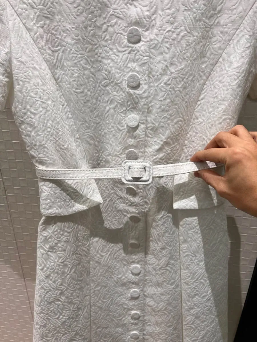 3D flowers embossed pattern 2026 spring women single breasted long dresses belt pockets dress black white