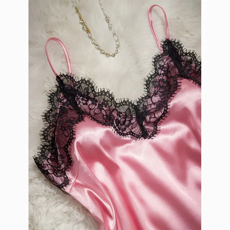 Pink Satin Bra And Panty Sets Silky-Soft Women's Underwear Elegant Loungewear Lace Bras And Pajama Set Spaghetti-Strap Lingerie