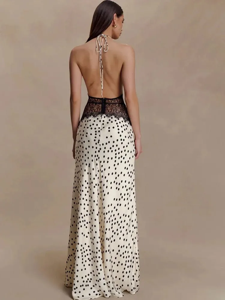 MO Patchwork Lace Print Polka Dot Halter Women Maxi Dress Sexy Backless Evening Dress Winter Skinny Elegant Party Dress