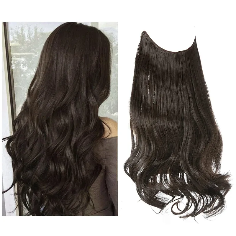 Sintético sem clipes na extensão do cabelo natural ombre preto loiro rosa uma peça onda longa fio invisível falso pedaço de cabelo