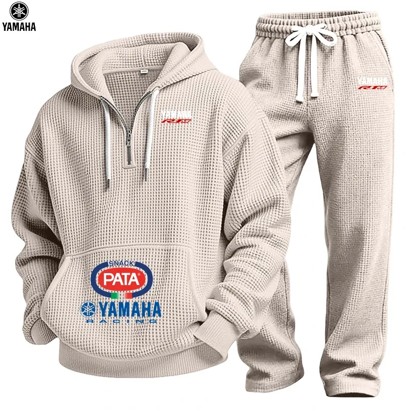 2026 Yamaha Spring/Autumn New Men's Waffle Hooded Sweatshirt Set - Top - Street Vacation Long-Sleeved Casual Fashion Outdoor Dai