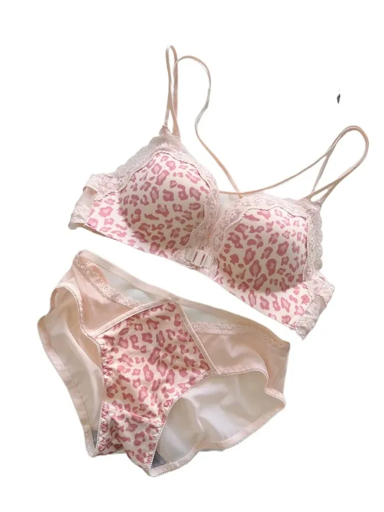 Pink Leopard Front Closure Bra Set Victoria Style Wireless Bra Push Up Enhance Bust 매력적인 Back Design for Small Bust Women
