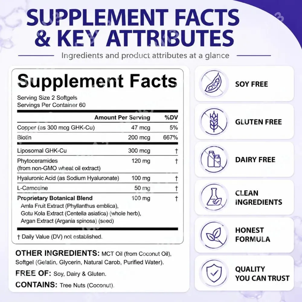 ArtoaLabs GHK-Cu Copper Peptide 300mcg Supplement Advanced Skin Hair Complex with Hyaluronic Acid Biotin Daily Wellness Adluts