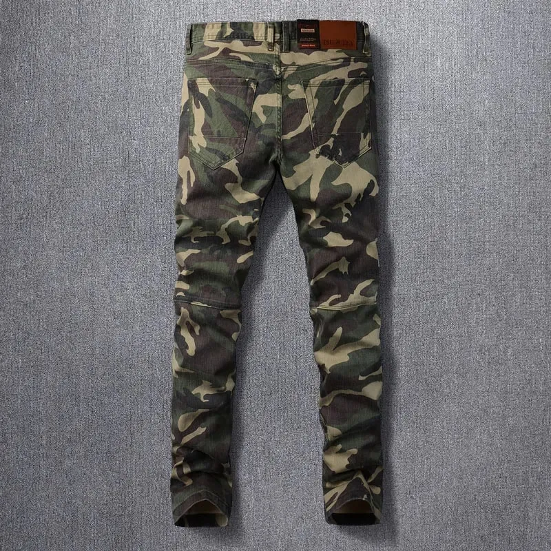 Designer Fashion Men Jeans High Quality Camo Stretch Slim Fit Vintage Jeans Men Side Pocket Spliced ​​Hip Hop Denim Pencil Pants