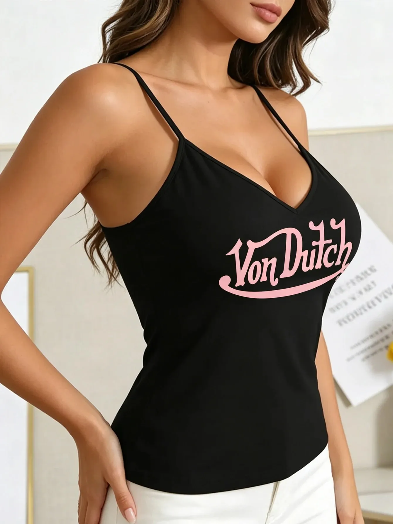 Atasan Halter Tanpa Tali Kerah V Hitam Print Logo Pink Keren Manis Vintage Wanita Y2K