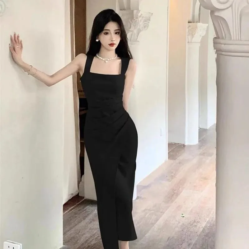 Women Premium Light Green Draped Square Neck Mid Calf Dress Lady Elegant Sleeveless Side Slit Dress Female Summer Concise Dress — image 6