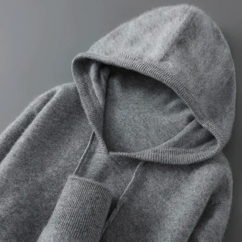 DjzDsm Autumn Winter Men's Sweater 100% Merino Wool Thick Hooded Pullover Soft Knitwear Casual Comfort Wool Clothing Tops