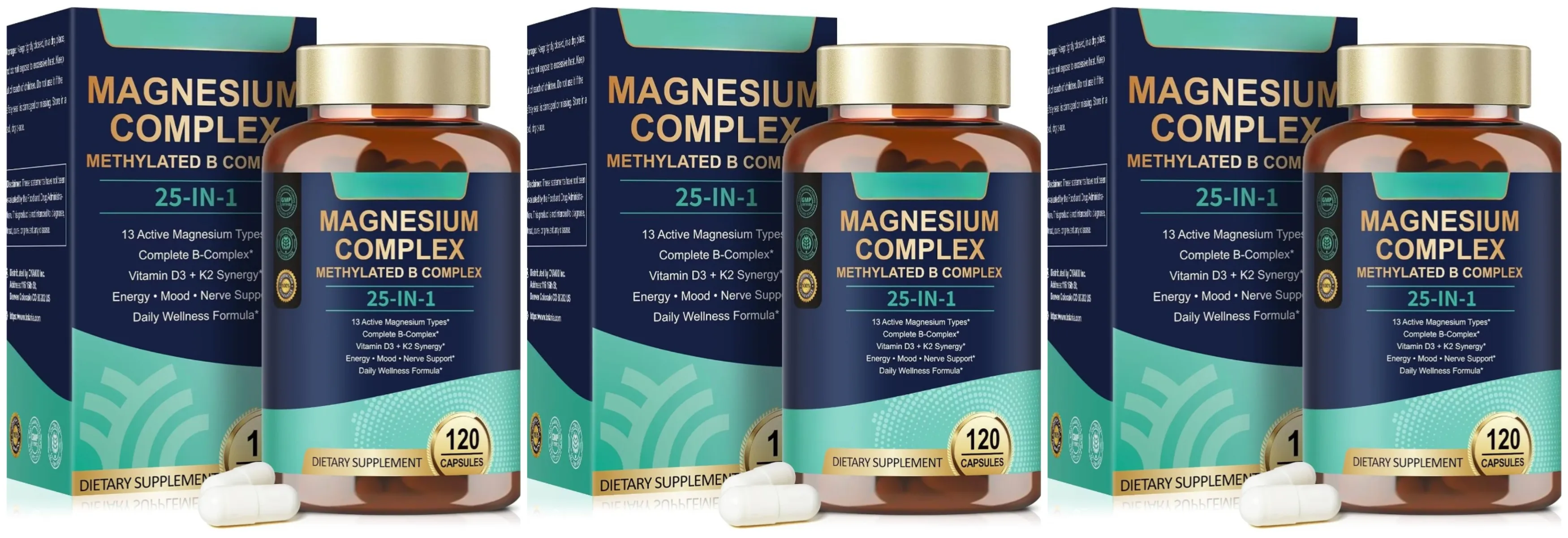 25-in-1 Magnesium Complex with Glycinate Citrate Malate Vitamin D3 K2 B12 Methylfolate for Relaxation Energy Nerve 120 Capsules