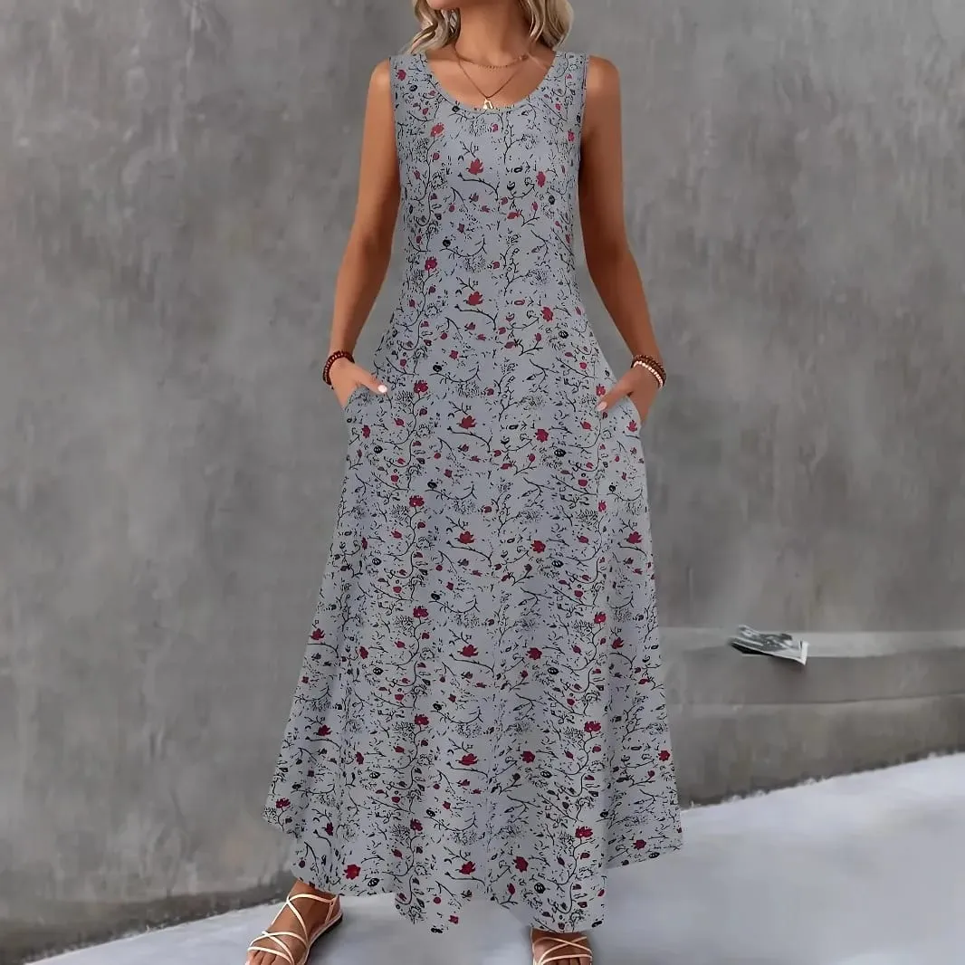 Women Summer Casual Sleeveless Floral Print Maxi Dress O Neck A-Line Long Dress With Pockets Loose Vestidos Beach Sundress